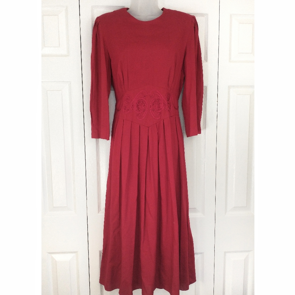 Vtg 90s red basque waist pleated midi dress
